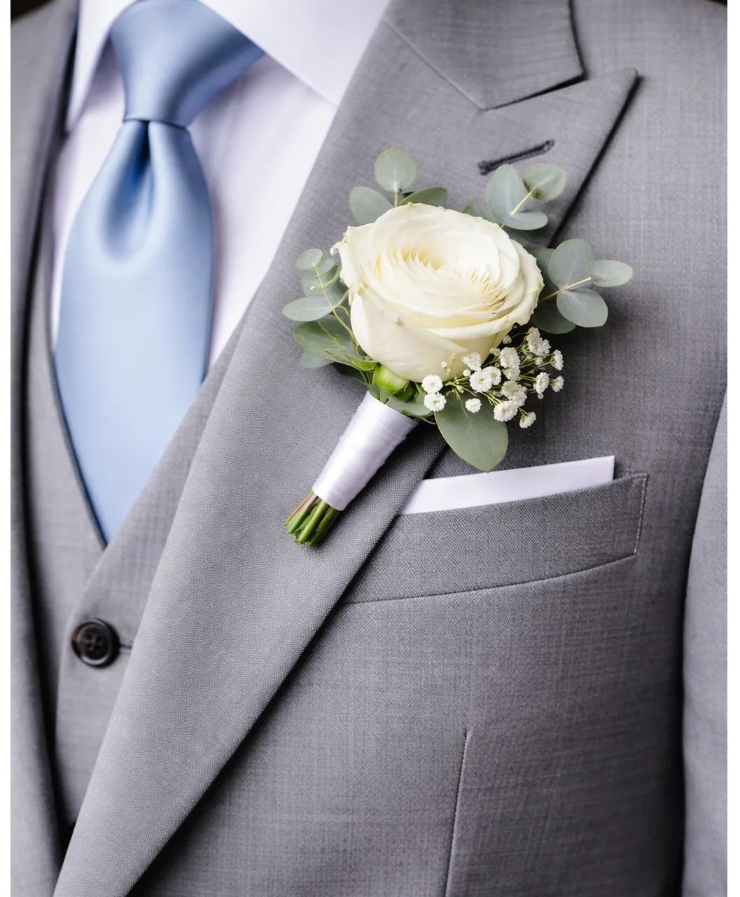 Single White Rose Boutonnière PIN-ON
