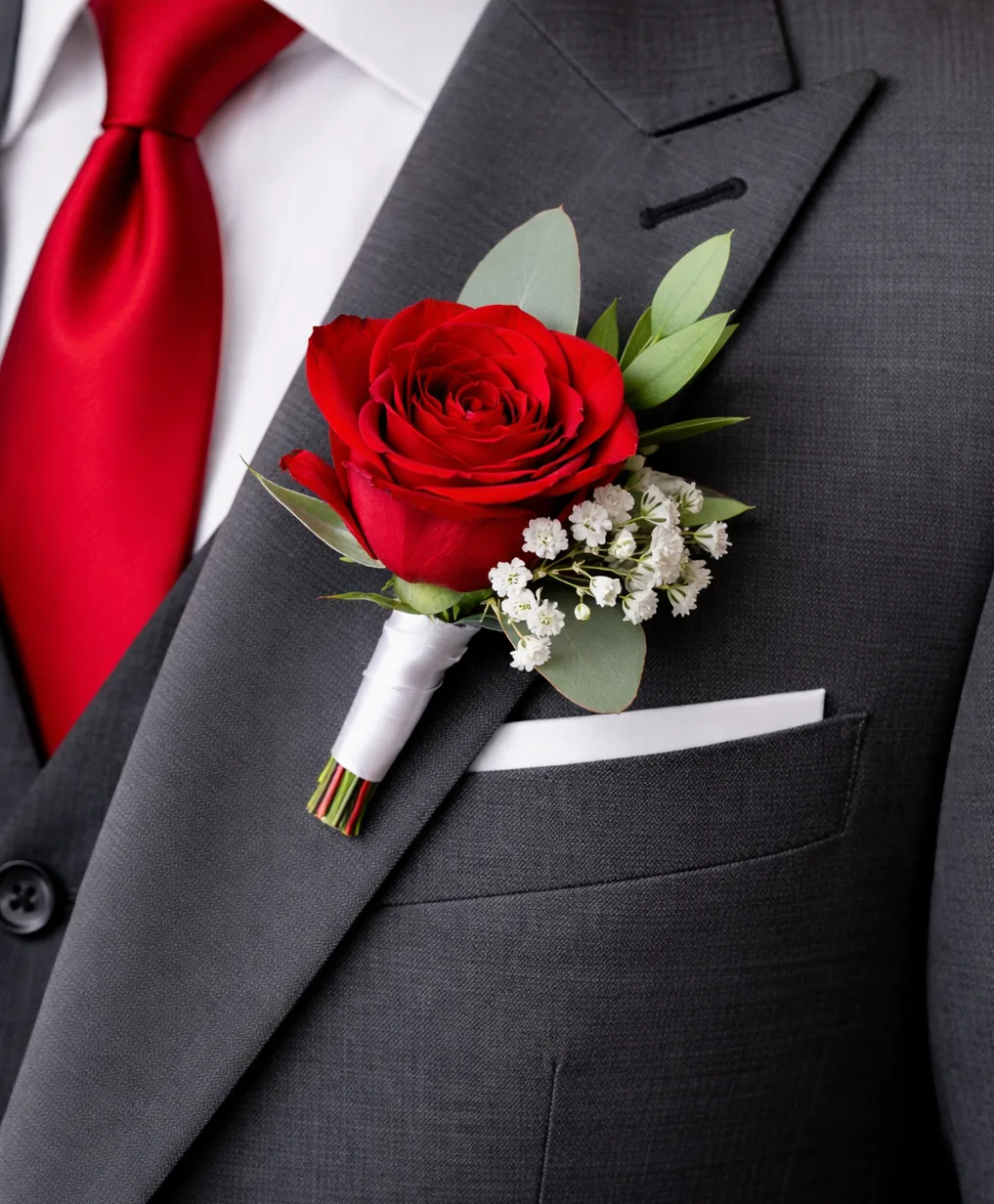 Single Red Rose Boutonnière PIN-ON Single Red Rose Boutonnière PIN-ON