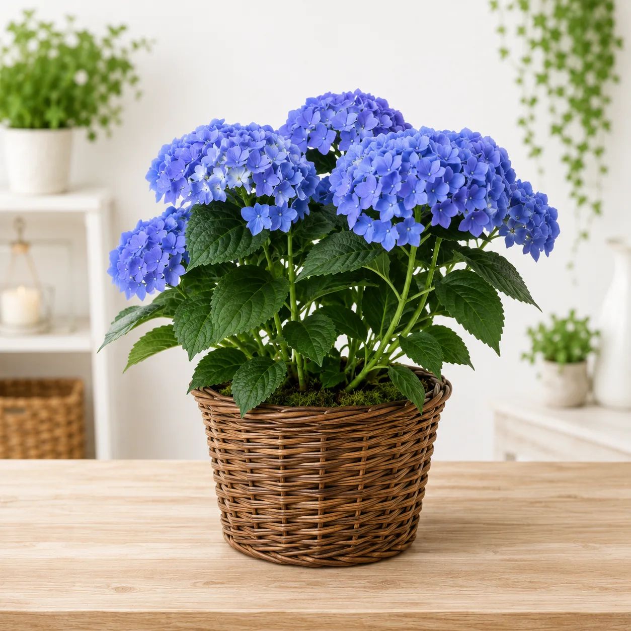 Blue Hydrangea in Wicker Basket