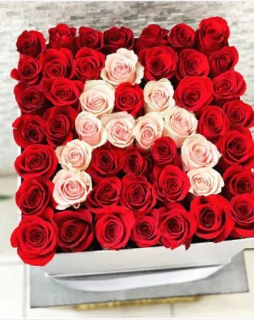 LARGE HAT BOX WITH INTITAL 50 FRESH-CUT ROSES