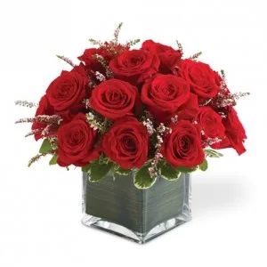 18 Red Roses in Cube Vase