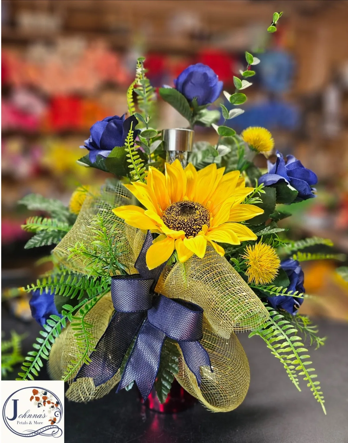 Blue & Yellow Silk Cemetery Vase Insert w/solar Blue & Yellow Silk Cemetery Vase Insert w/solar