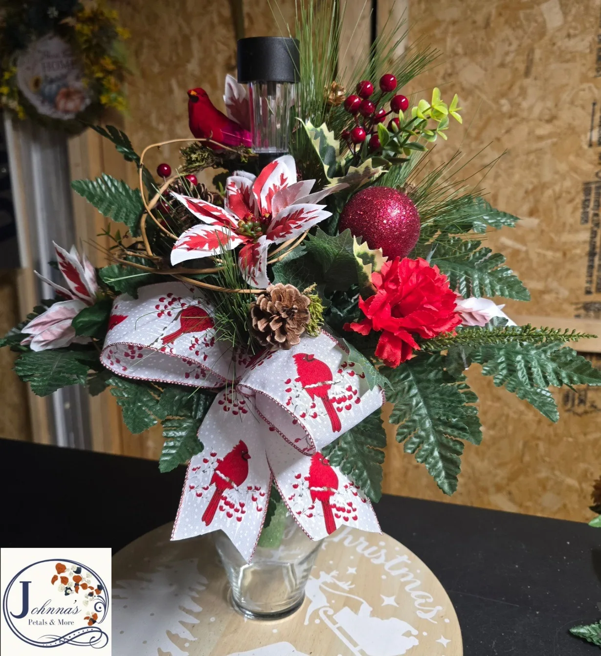 Silk Christmas Cemetery Vase Insert w/solar Silk Arrangement Silk Christmas Cemetery Vase Insert w/solar Silk Arrangement