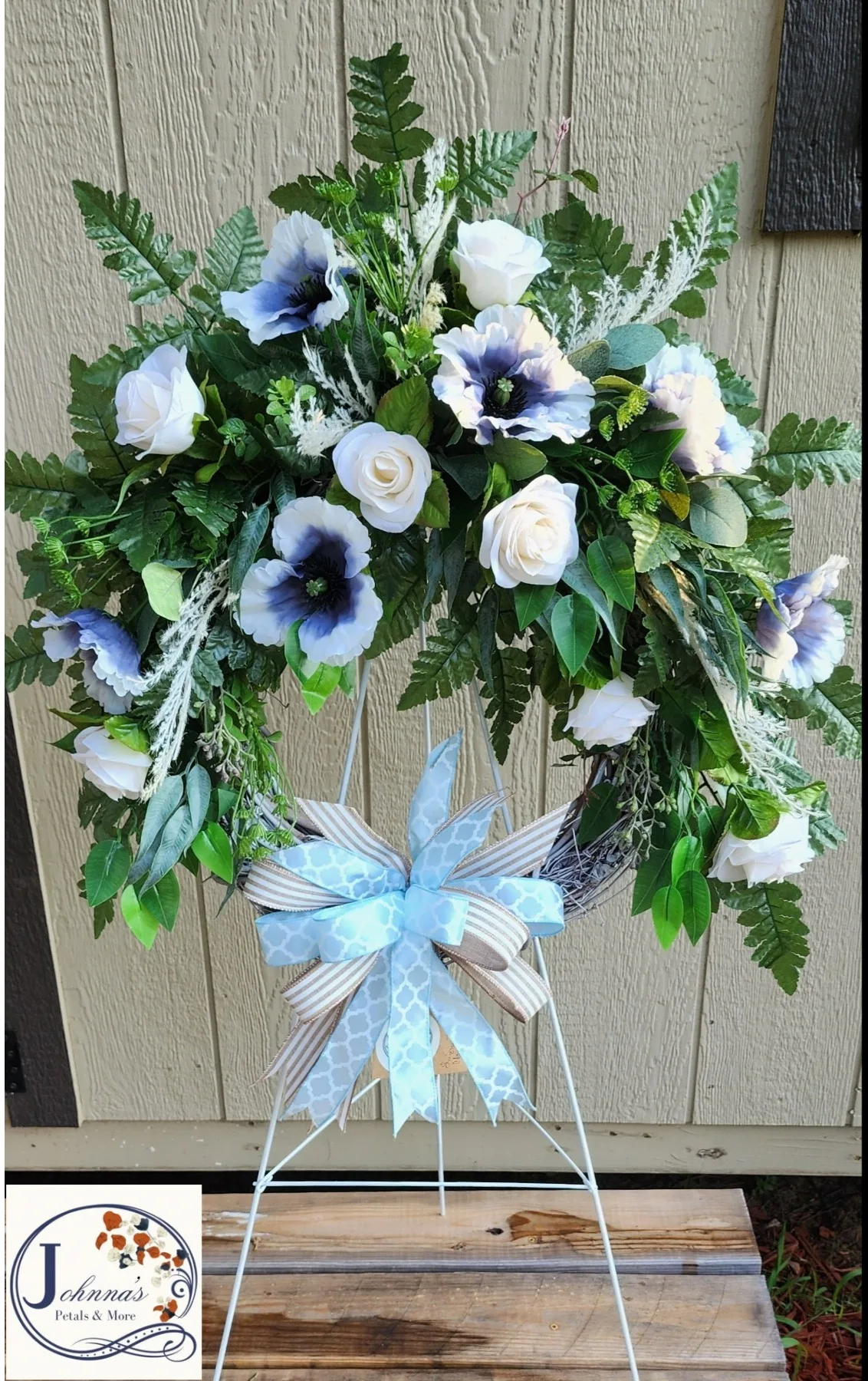 Blue Boy Silk Grapevine Wreath on Easel Blue Boy Silk Grapevine Wreath on Easel