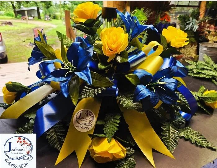 Blue and Yellow Silk Spray on brick with solar Silk Arrangement