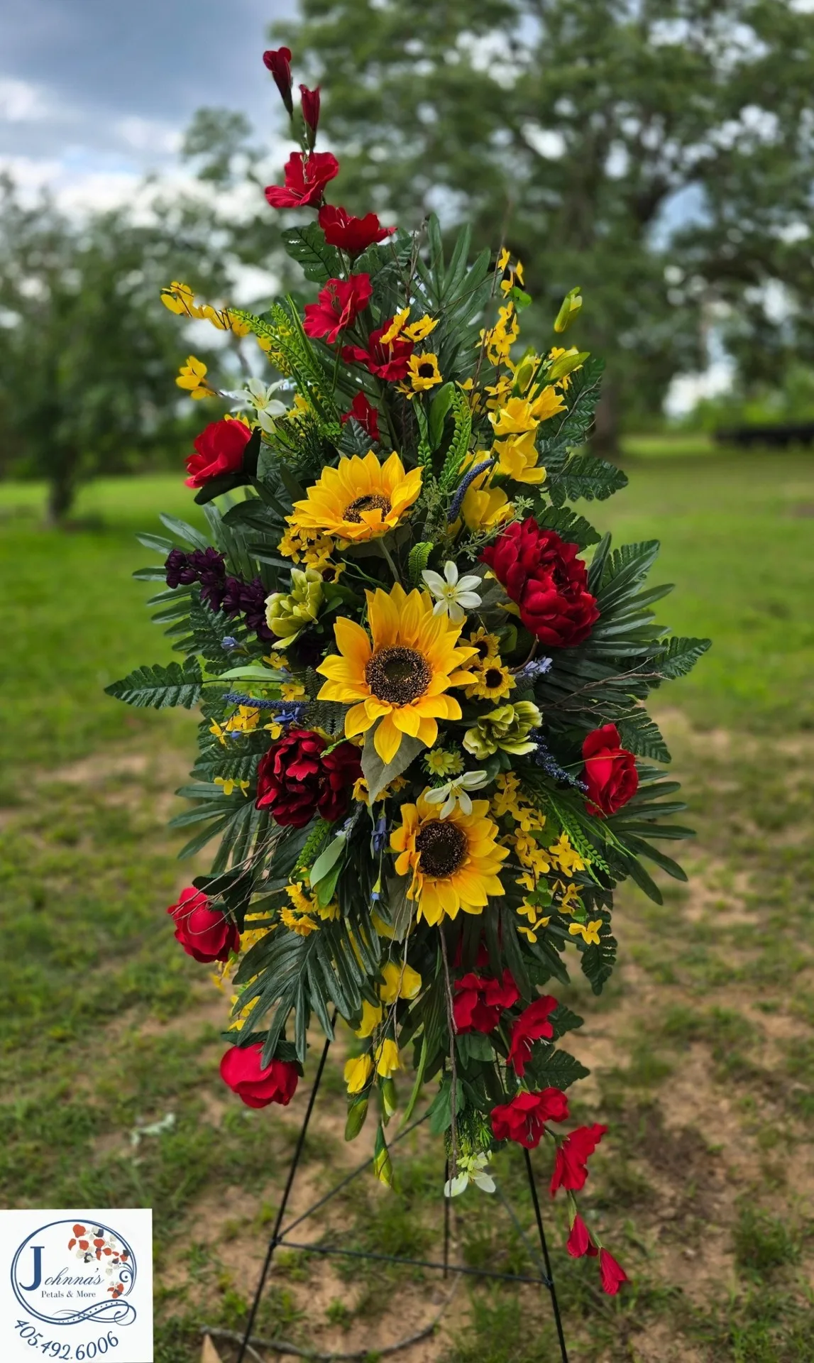 Sunflower and Red Rose Silk Spray on easel Silk Arrangement Sunflower and Red Rose Silk Spray on easel Silk Arrangement
