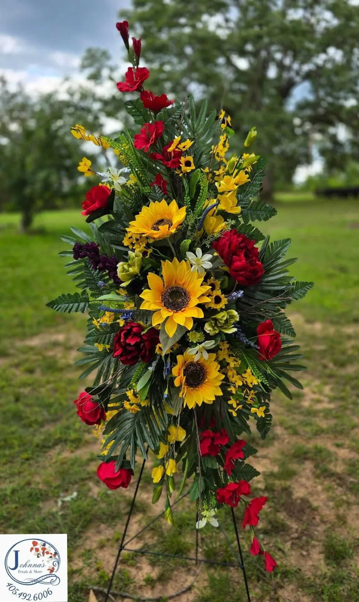 Sunflower and Red Rose Silk Spray on easel Silk Arrangement
