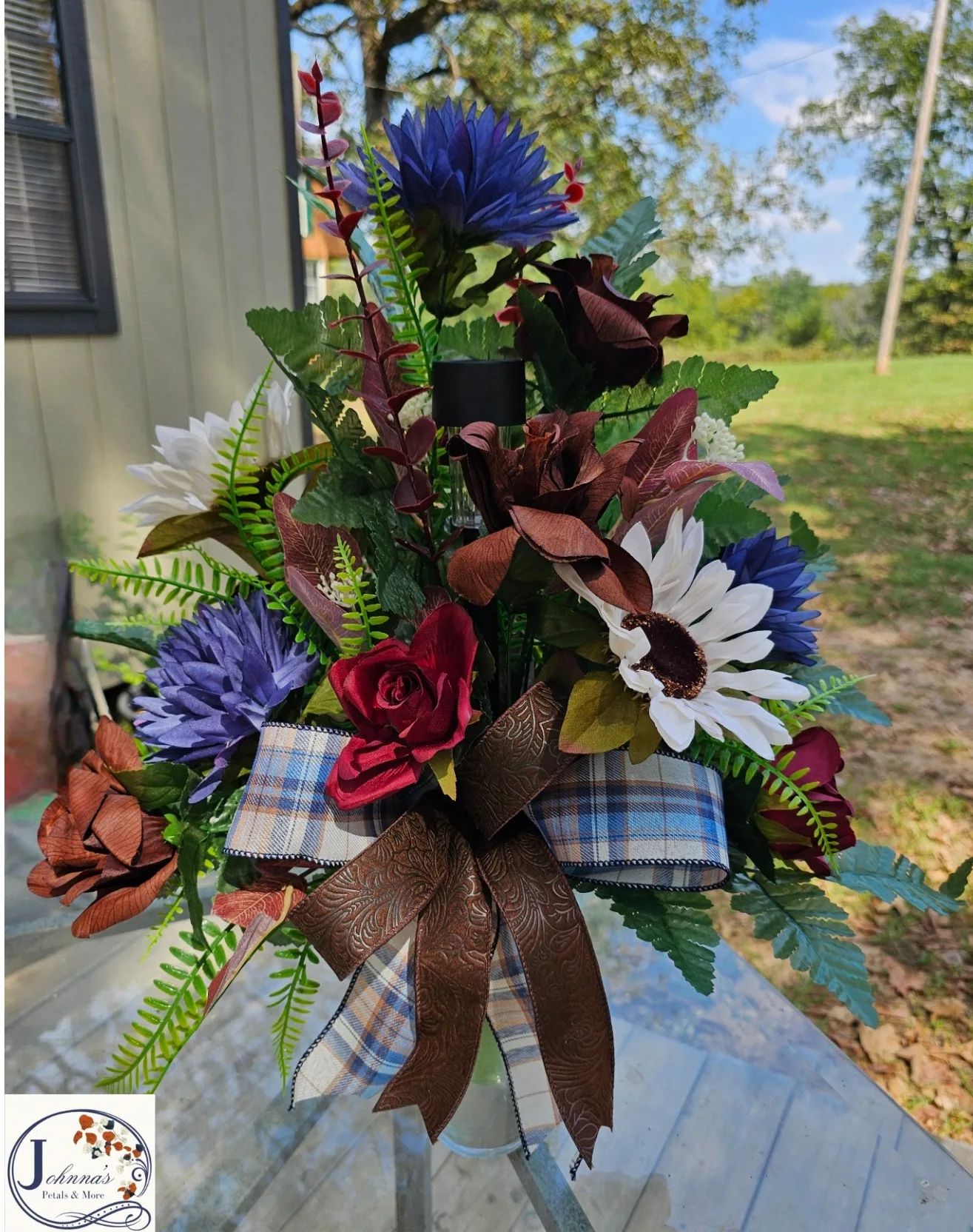 Silk Fall Cemetery Vase Insert w/solar light Silk Arrangement