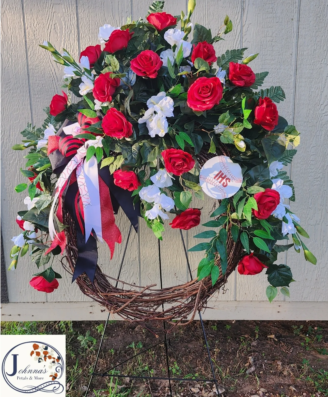 Basball Theme Grapevine Wreath with red and white silk roses and glads Basball Theme Grapevine Wreath with red and white silk roses and glads