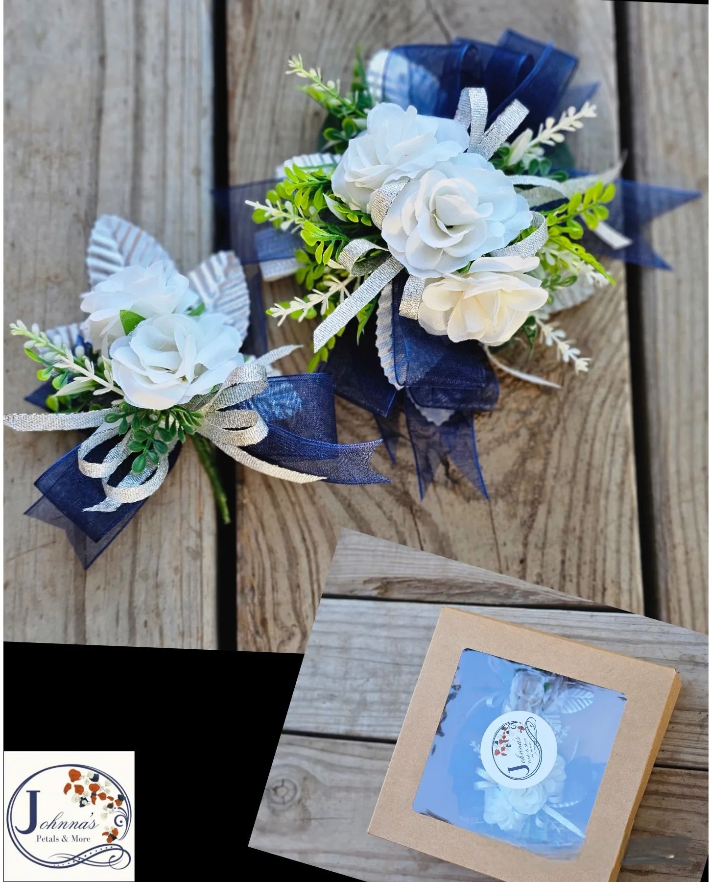 Midnight Blue Kids wrist corsage and boutonniere