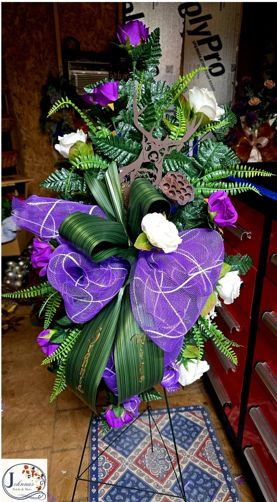 Deer Themed Silk Funeral Spray on easel Silk Arrangement Deer Themed Silk Funeral Spray on easel Silk Arrangement