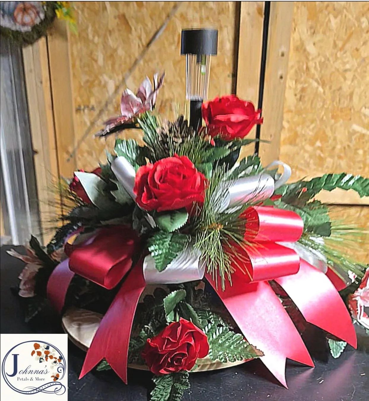 Silk Christmas Spray On A Brick With Solar Light Silk Arrangement
