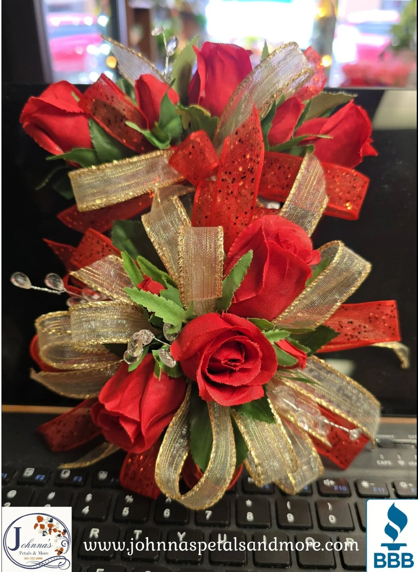 Red and Gold Silk Pocket Boutonniere and Wrist ensemble Corsage Red and Gold Silk Pocket Boutonniere and Wrist ensemble Corsage