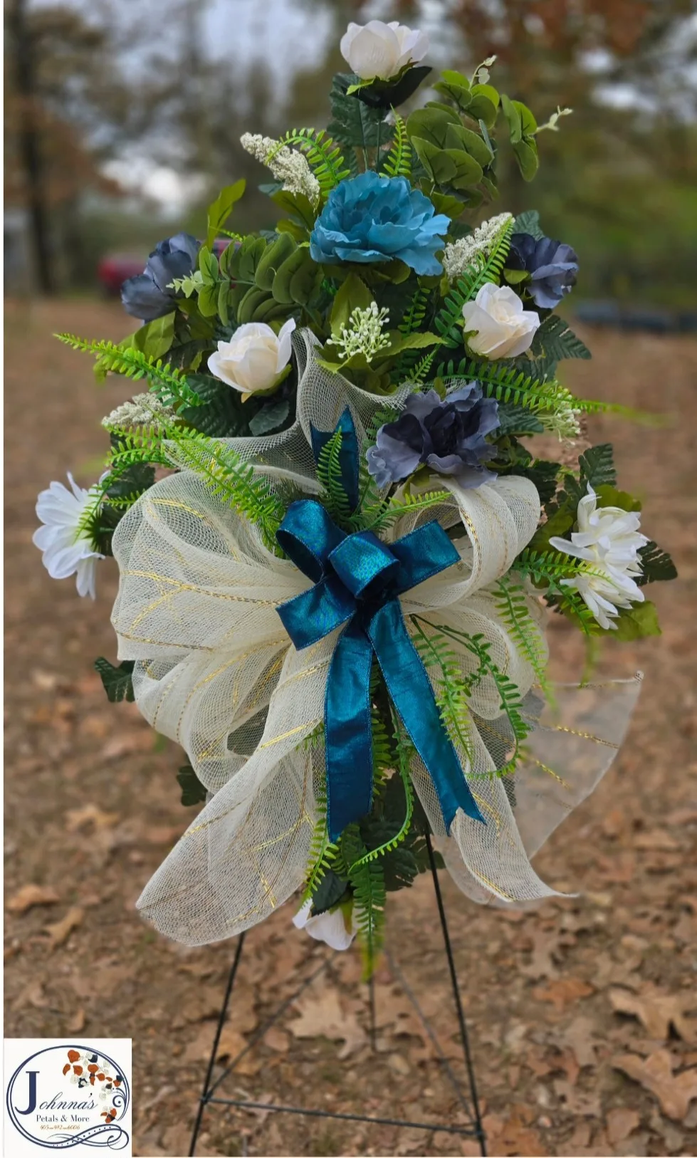 Turquoise and Cream Silk Spray on stand Silk Arrangement Turquoise and Cream Silk Spray on stand Silk Arrangement
