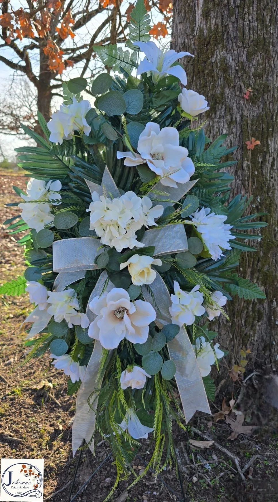 Cream and Gold Silk Spray on a stand Silk Arrangement