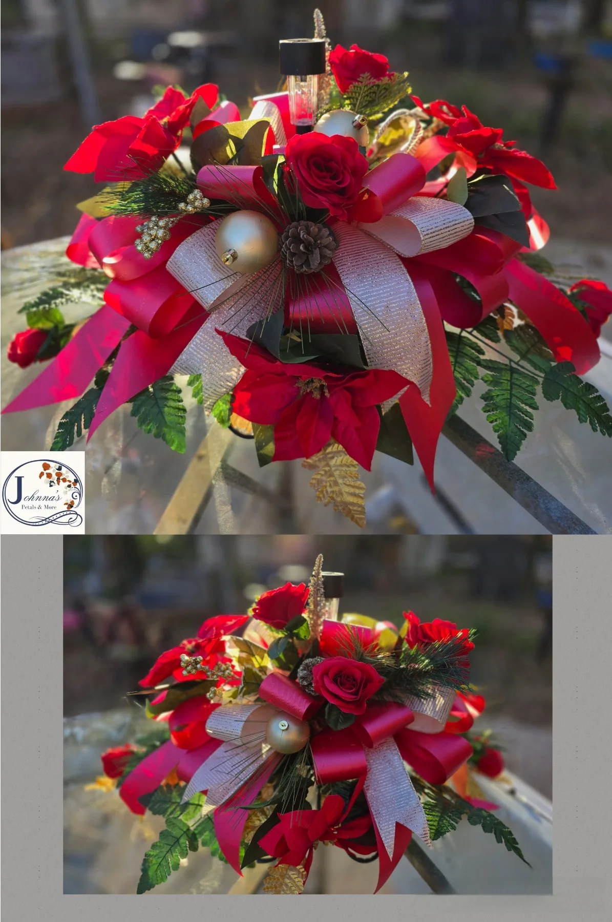 Silk Christmas Cemetery Saddle w/solar light Silk Arrangement Silk Christmas Cemetery Saddle w/solar light Silk Arrangement