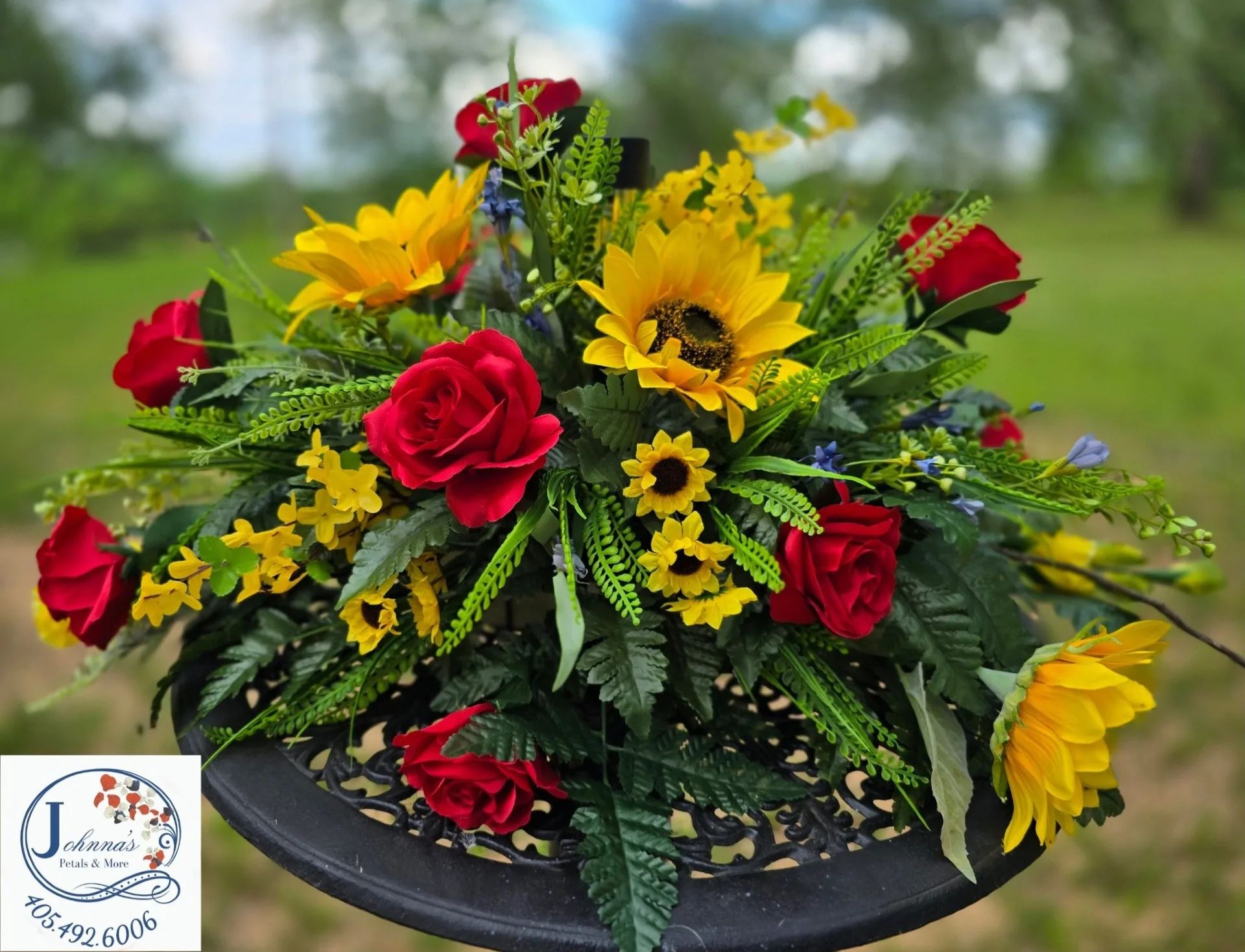 'Sunflower' Silk Spray on brick with solar light Silk Arrangement