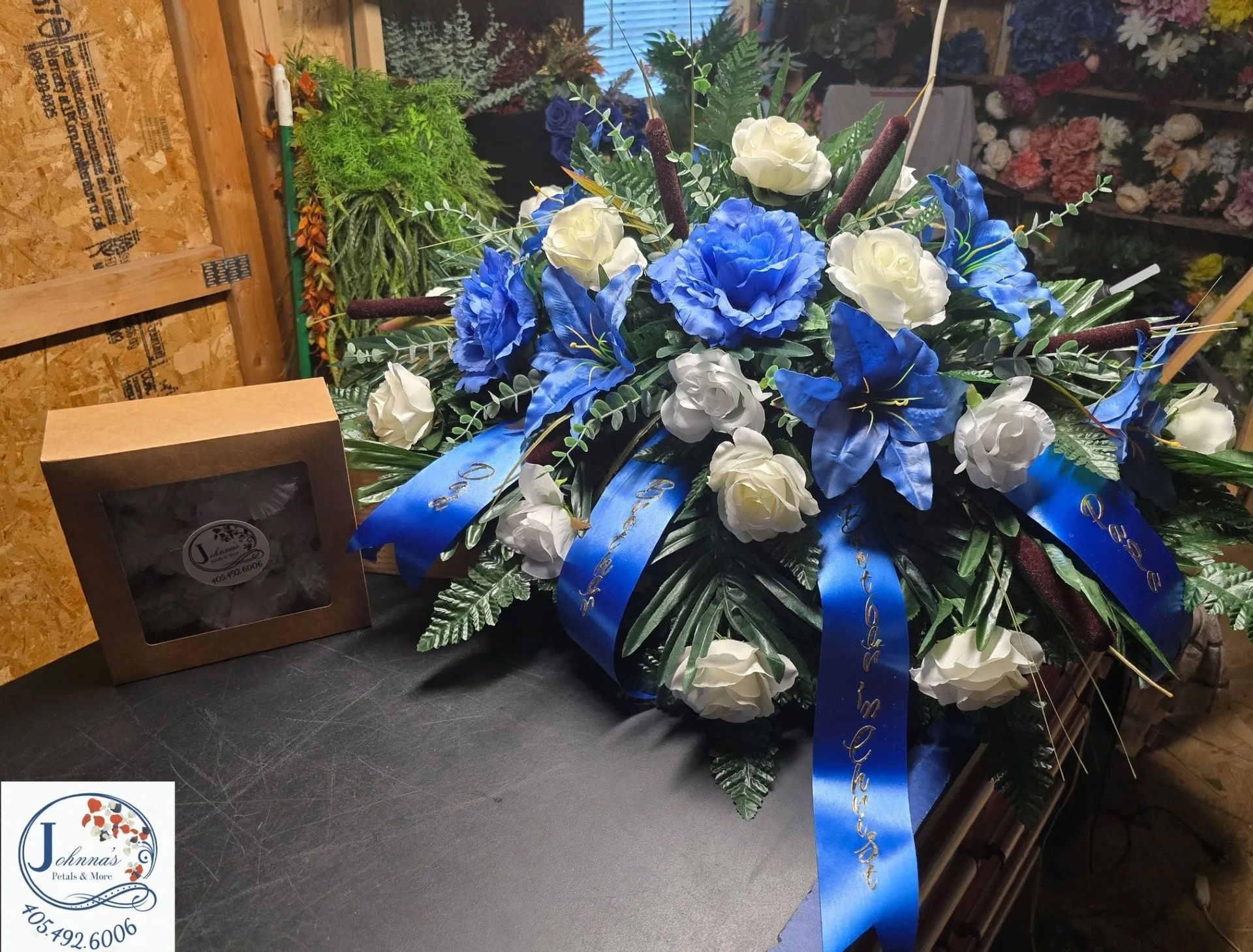 Blue and White Silk Casket Spray