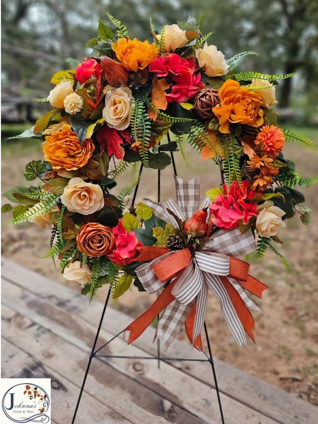 Fall Grapevine Wreath displayed on easel Silk Arrangement
