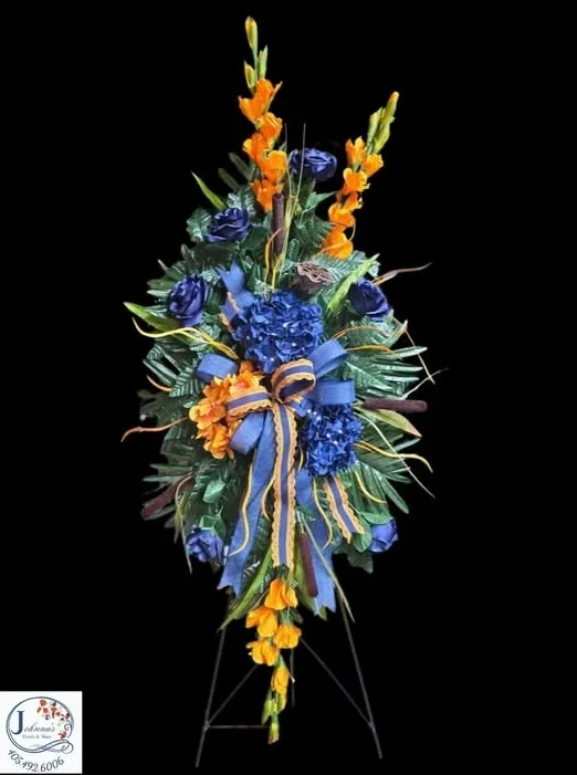 Navy & Orange Silk Spray on easel Silk Arrangement Navy & Orange Silk Spray on easel Silk Arrangement