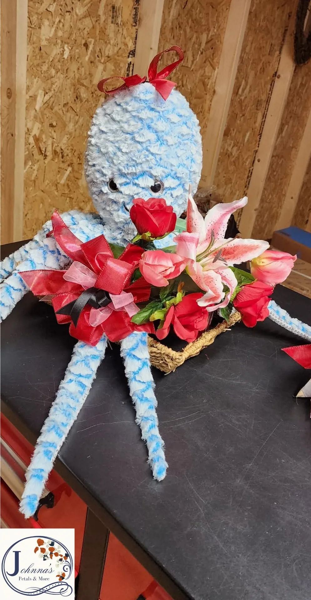 Stuffed animal with silk arm bokay with snacks