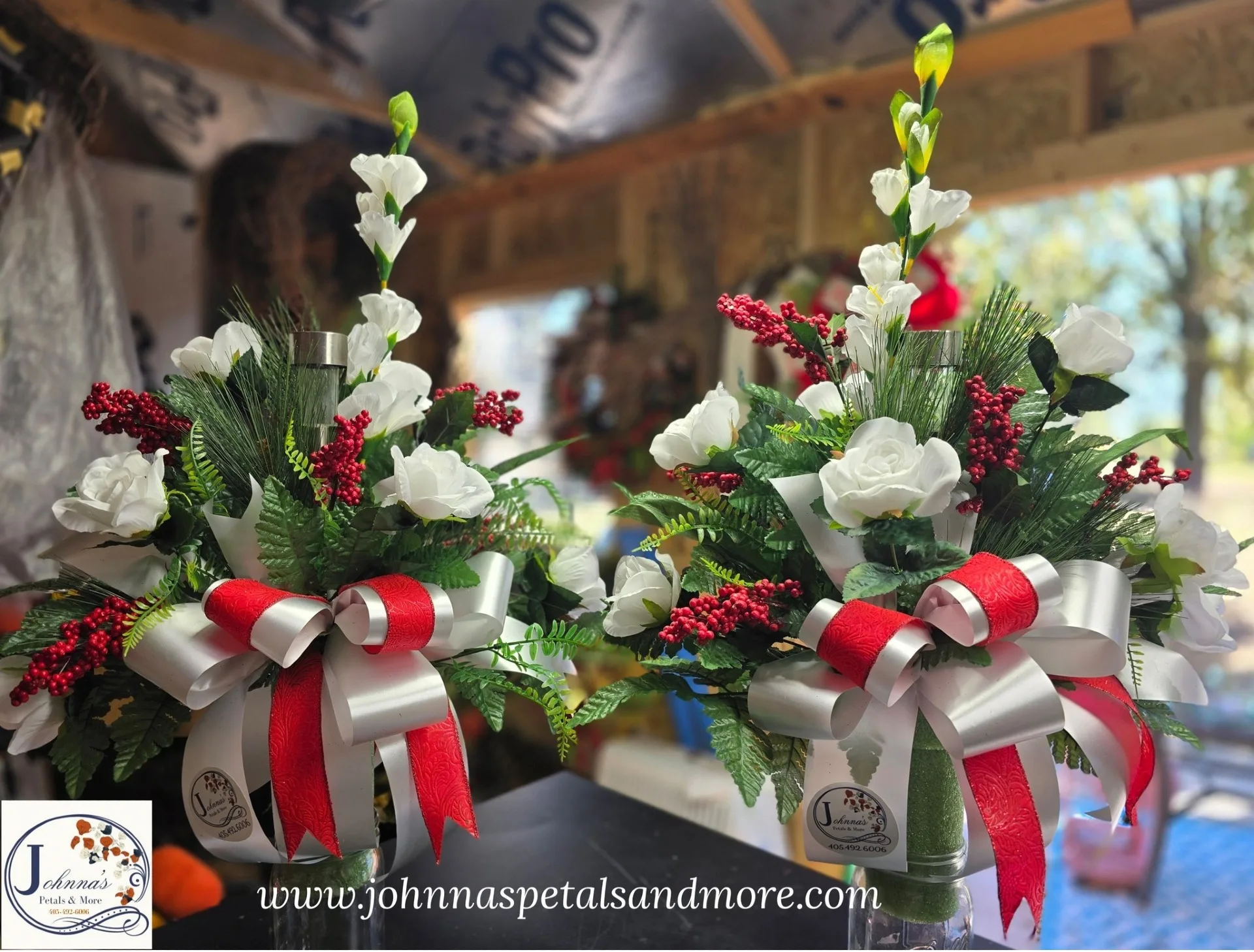 Red & White Matching silk cemetery vase inserts with solar light Red & White Matching silk cemetery vase inserts with solar light
