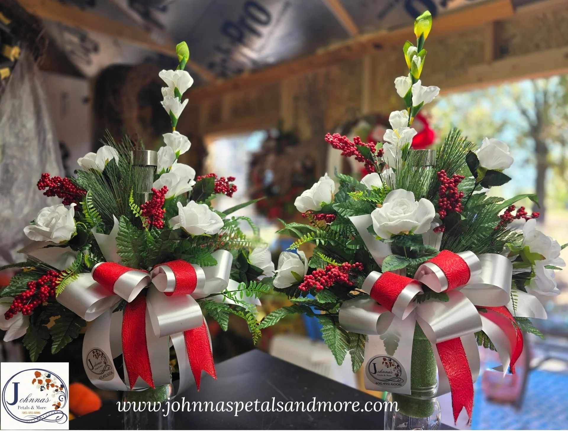 Red & White Matching silk cemetery vase inserts with solar light