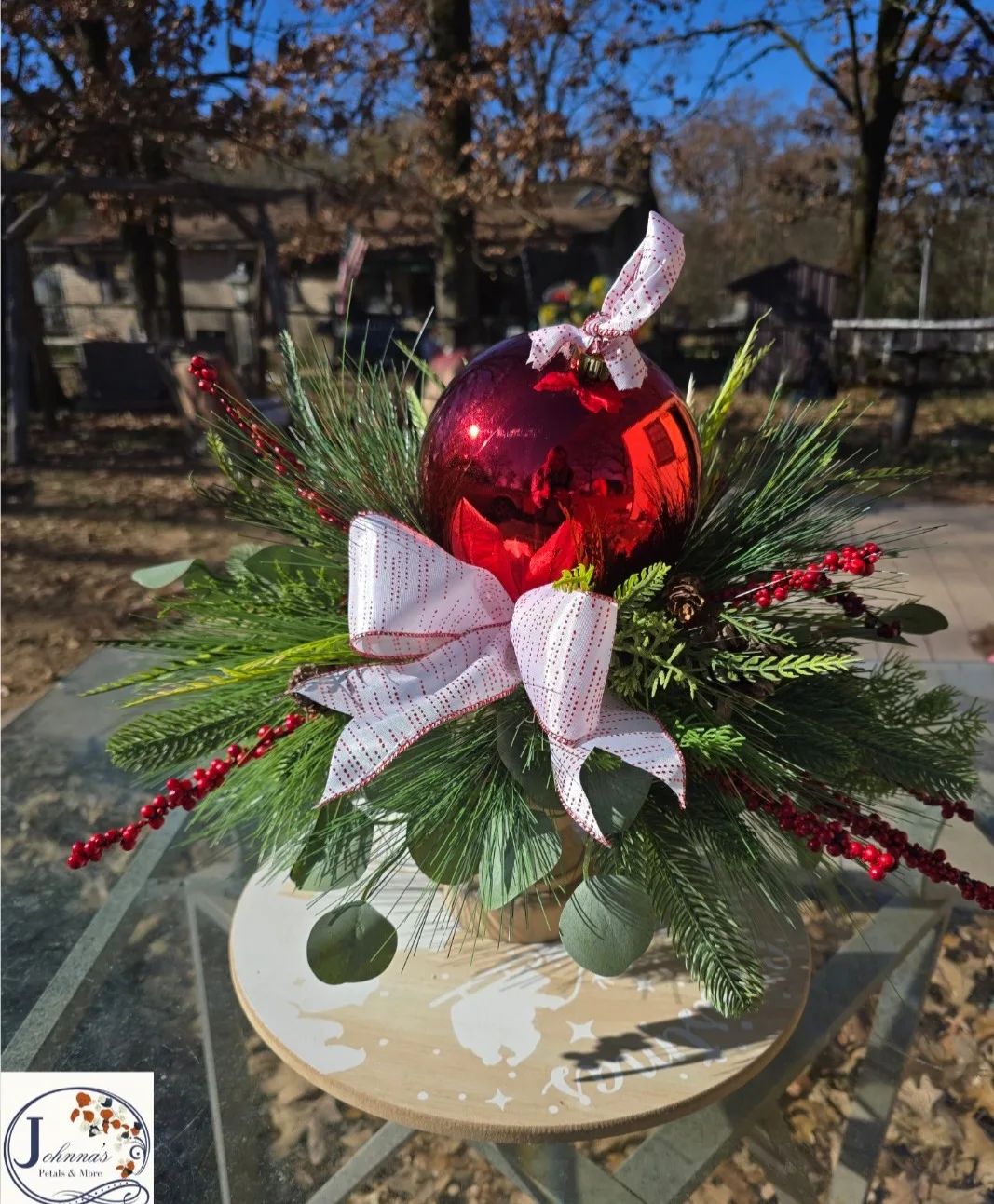 Christmas Ornament Centerpiece on candle stand