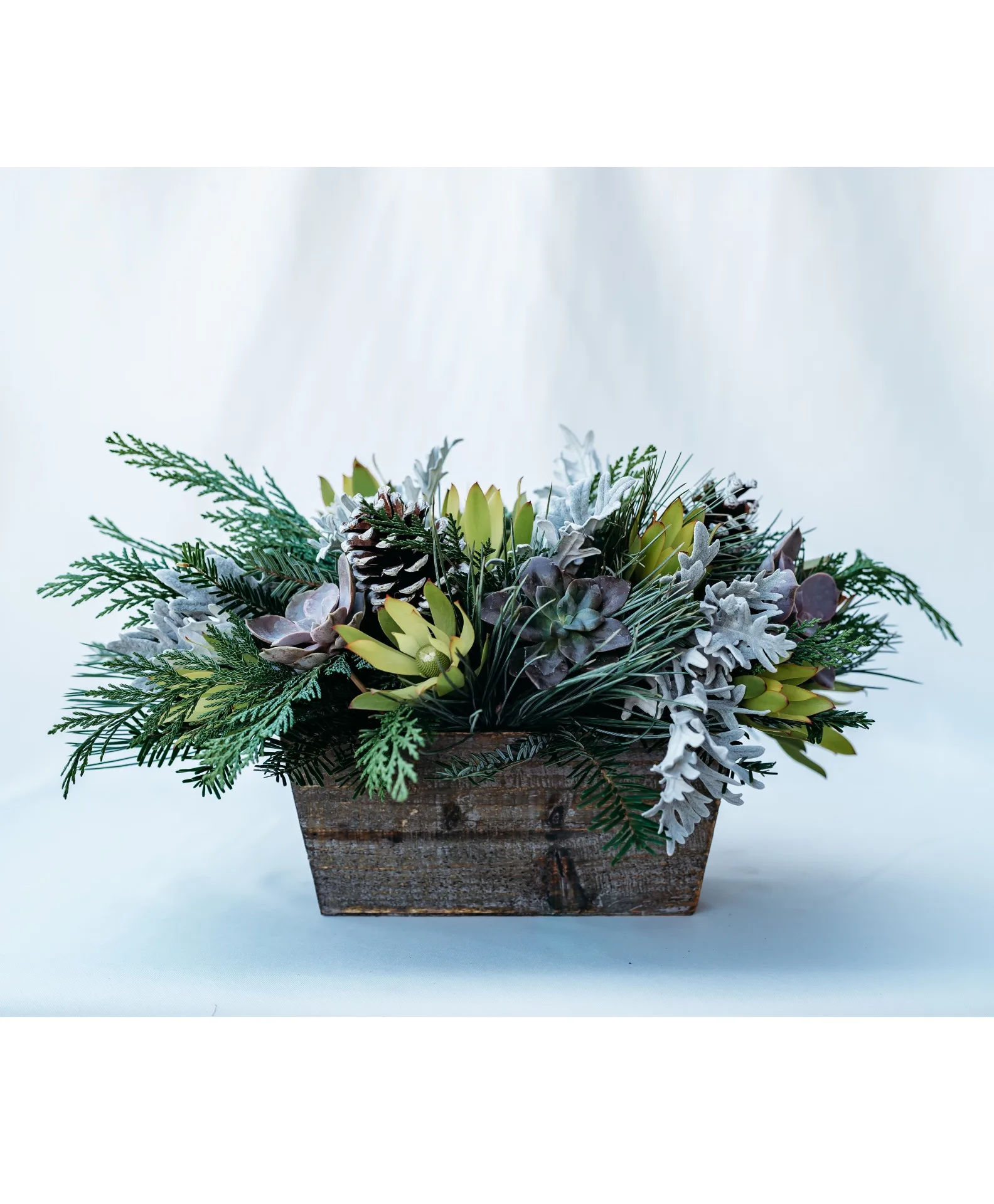 Frosted Winter Garden Wood Box Arrangement Frosted Winter Garden Wood Box Arrangement