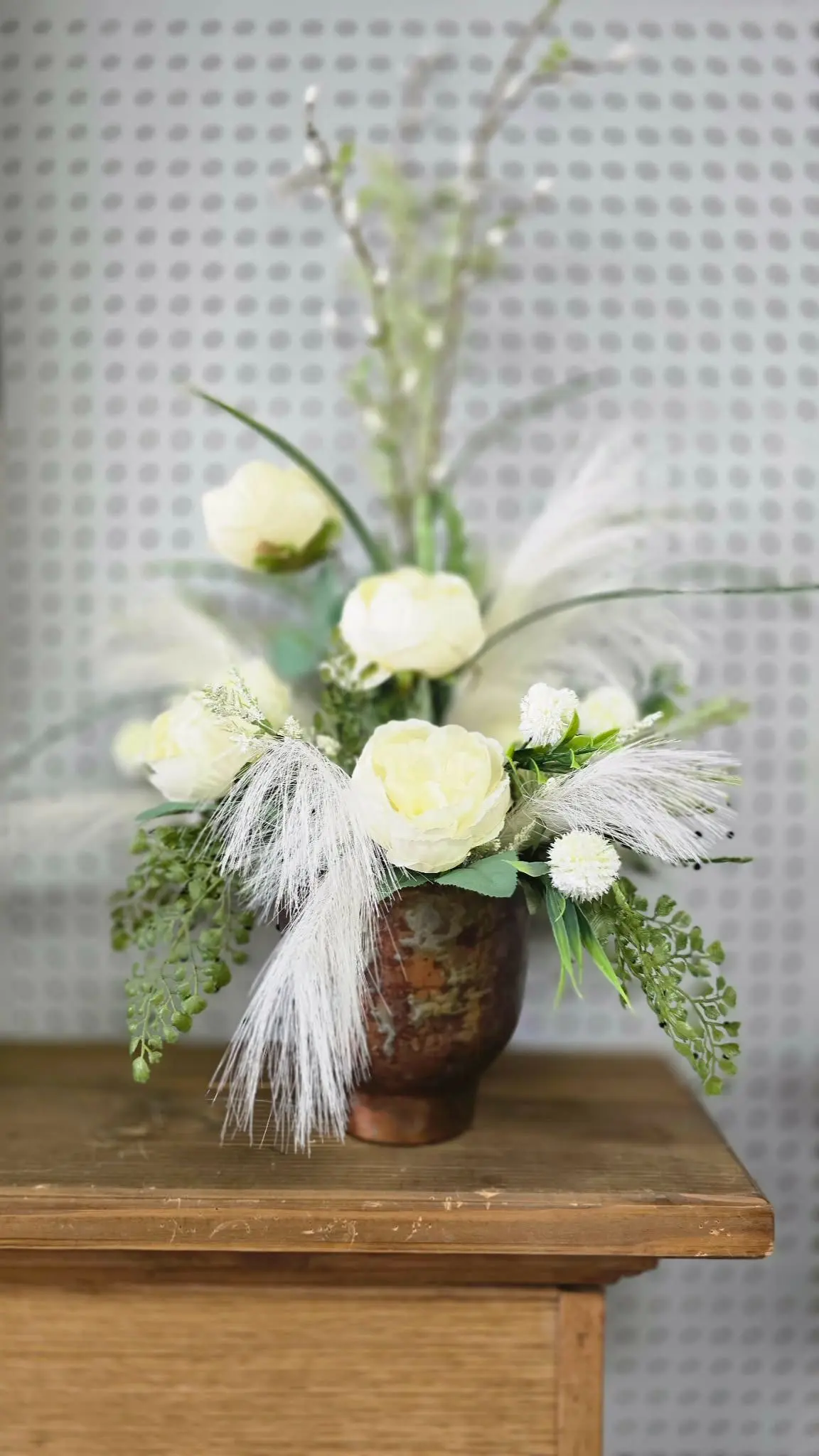 Pampas grass in a Tin pot White Peonies Pampas grass in a Tin pot White Peonies