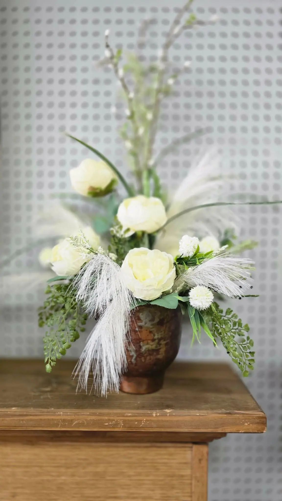 Pampas grass in a Tin pot White Peonies