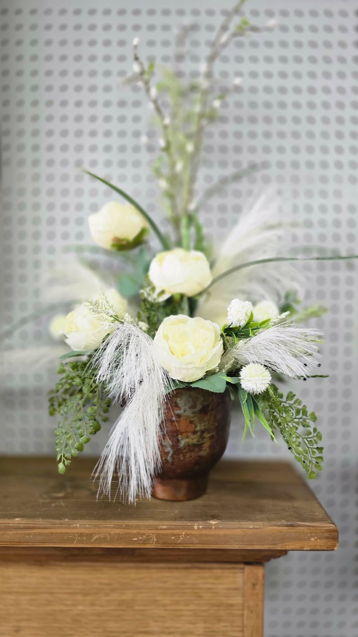 Pampas grass in a Tin pot White Peonies Pampas grass in a Tin pot White Peonies
