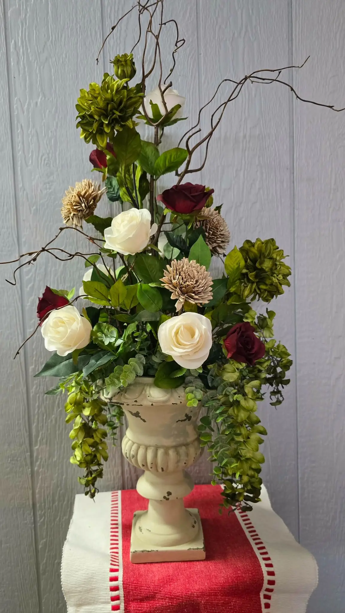 Distressed Urn White, Dark Red and White Roses Distressed Urn White, Dark Red and White Roses