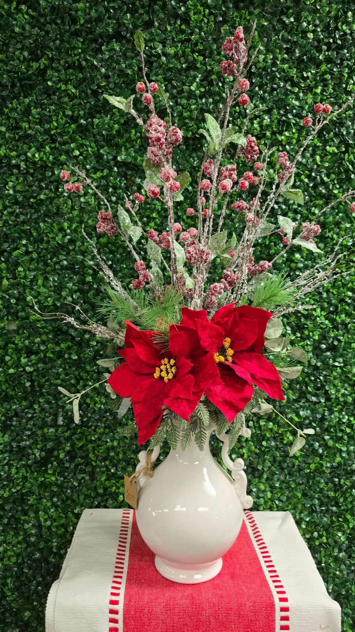 White Pitcher Vase Christmas Silk Arrangement