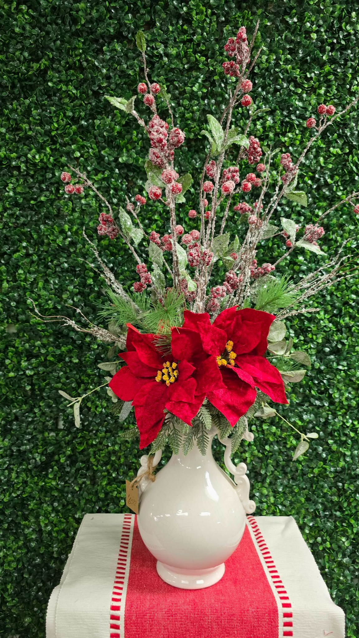 White Pitcher Vase Christmas Silk Arrangement