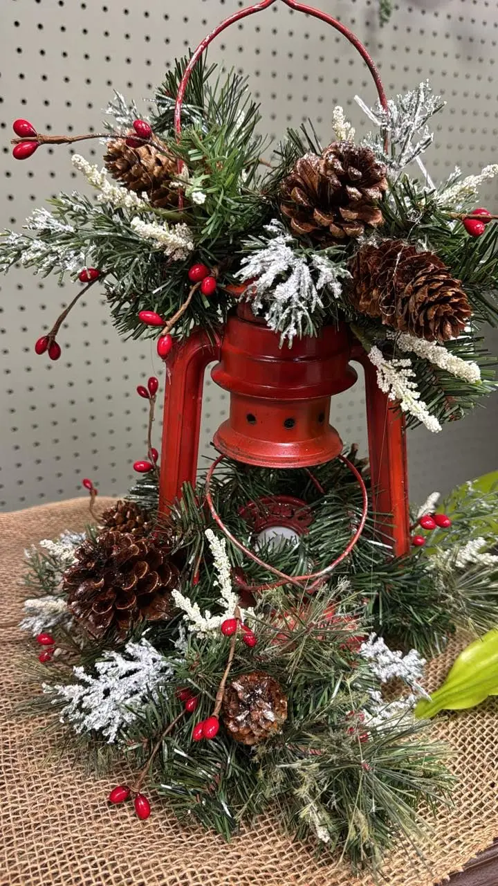 Rustic Lantern Red Christmas Silk Centerpiece. Rustic Lantern Red Christmas Silk Centerpiece.