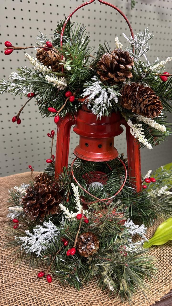 Rustic Lantern Red Christmas Silk Centerpiece.