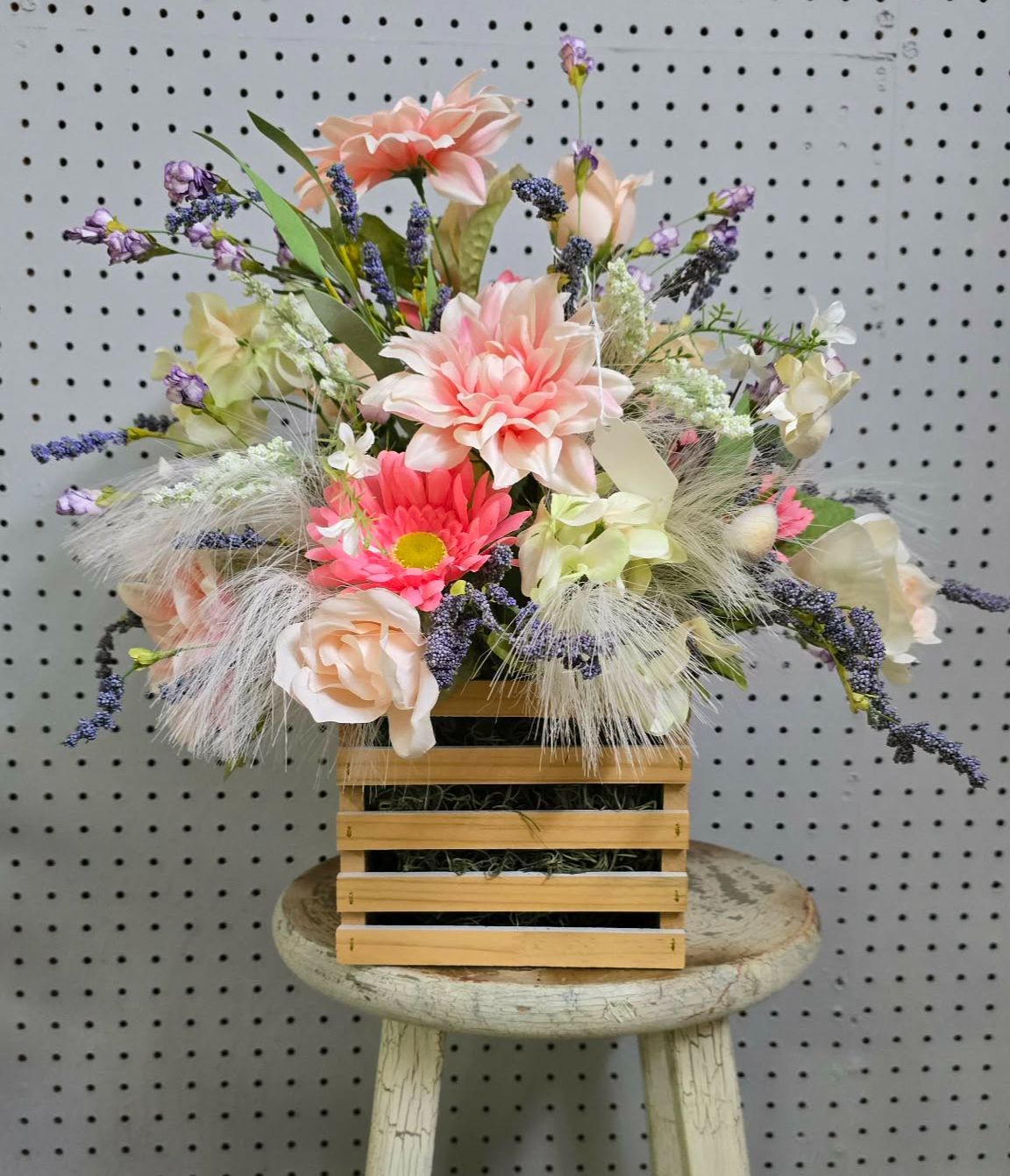 Pink Silk Arrangement Small Wood Crate