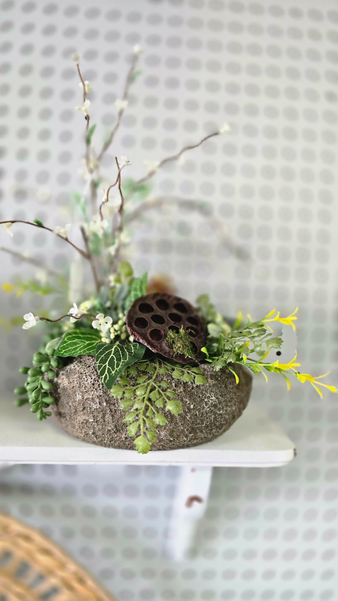 Faux stone vase, Dainty Silk Flower and Succulent Arrangement