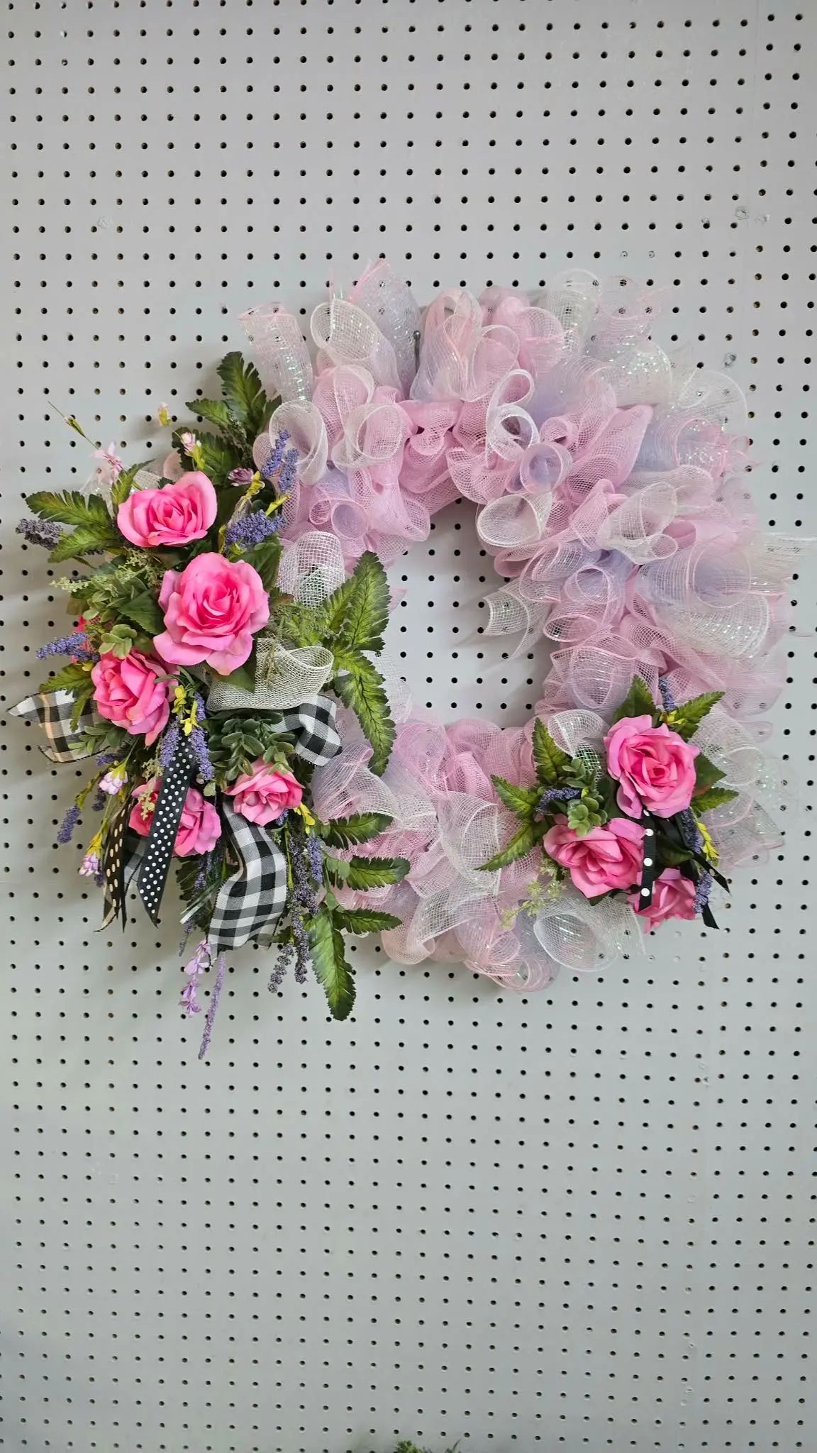 Spring Wreath Silk Flowers Pin And Blue Ribbon