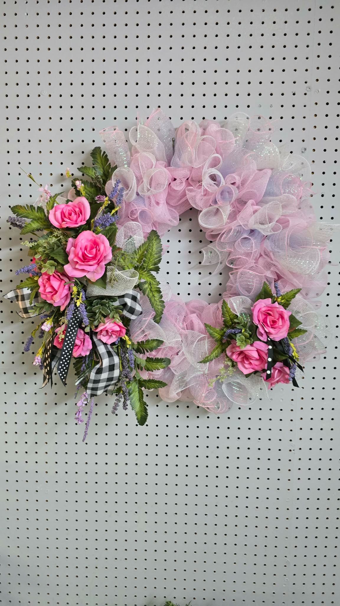 Spring Wreath Silk Flowers Pin And Blue Ribbon