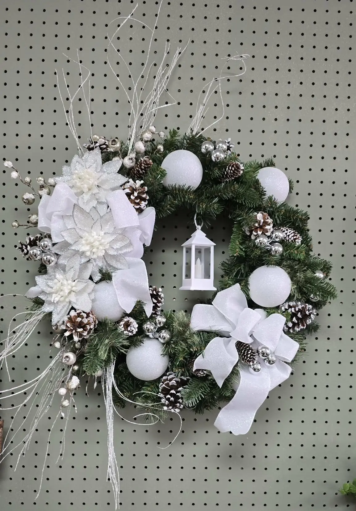 White Glitter Wreath Pinecones With White Lantern White Glitter Wreath Pinecones With White Lantern