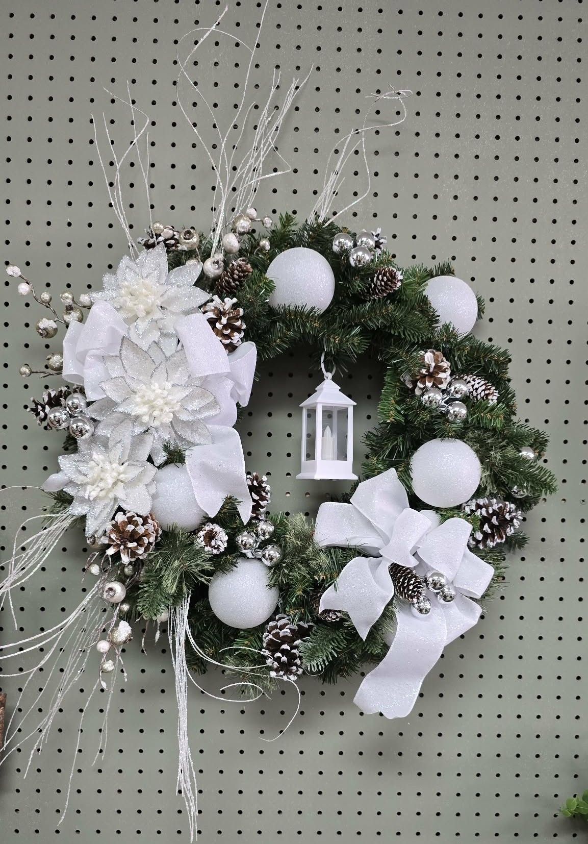 White Glitter Wreath Pinecones With White Lantern