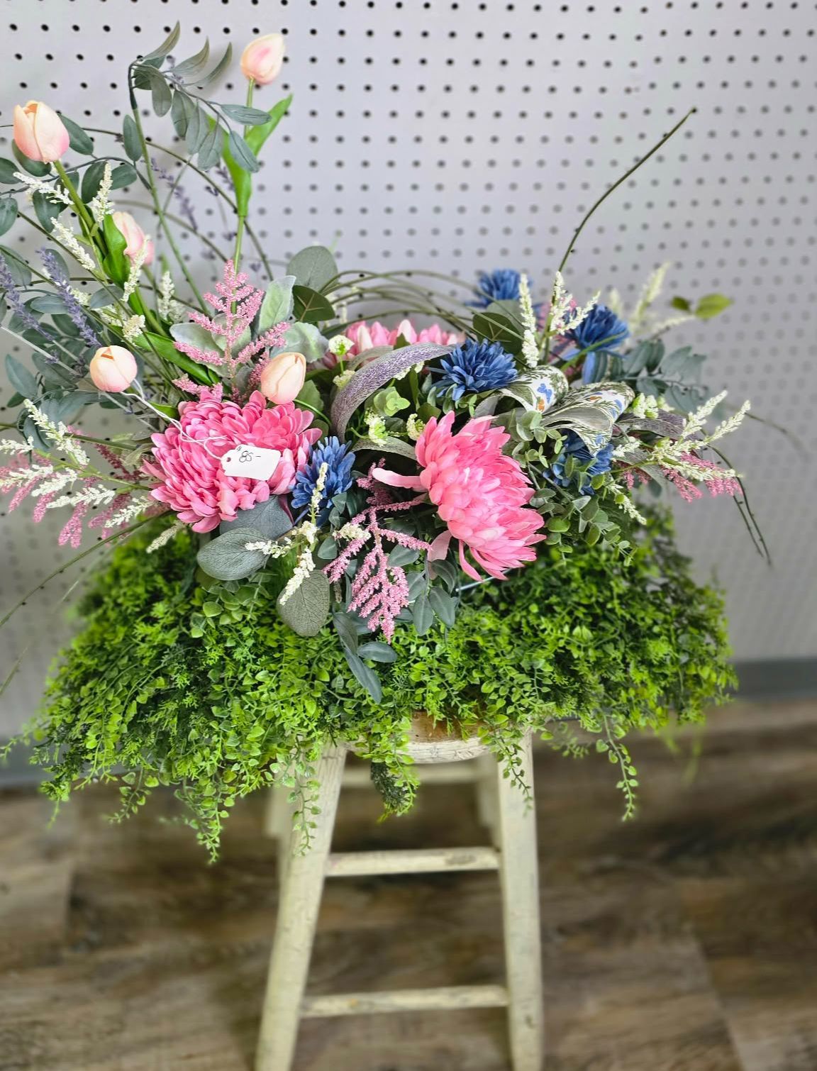 Spring Table Arrangement Blue and Pink Silk Flowers