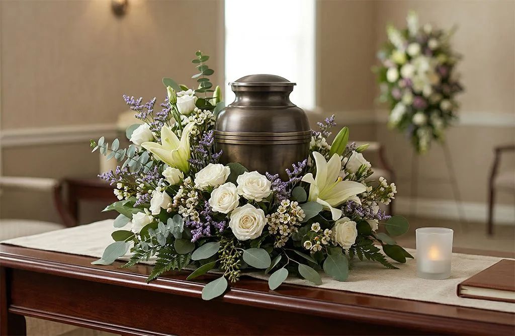 Designer’s Choice Cremation Urn Flower Arrangement