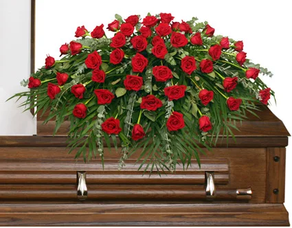 MAJESTIC RED CASKET SPRAY of Funeral Flowers MAJESTIC RED CASKET SPRAY of Funeral Flowers