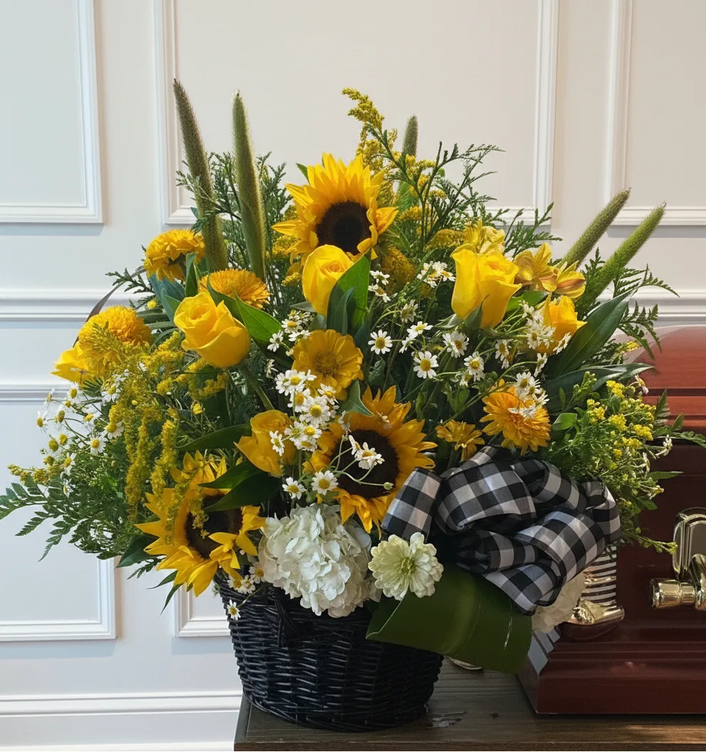Sending Sunshine Basket Wicker Basket Arrangement with Sunflowers, Yellow Roses, Sending Sunshine Basket Wicker Basket Arrangement with Sunflowers, Yellow Roses,