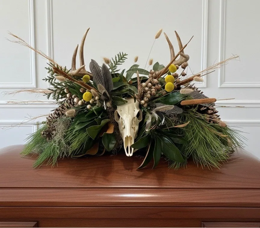 American Gentleman Skull and Antler Mount Casket Spray--$350 for family provided antlers. $450 for florist-provided mount. American Gentleman Skull and Antler Mount Casket Spray--$350 for family provided antlers. $450 for florist-provided mount.