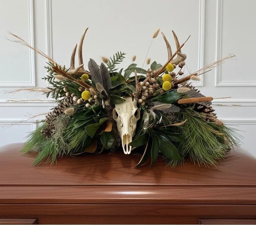 American Gentleman Skull and Antler Mount Casket Spray--$350 for family provided antlers. $450 for florist-provided mount.