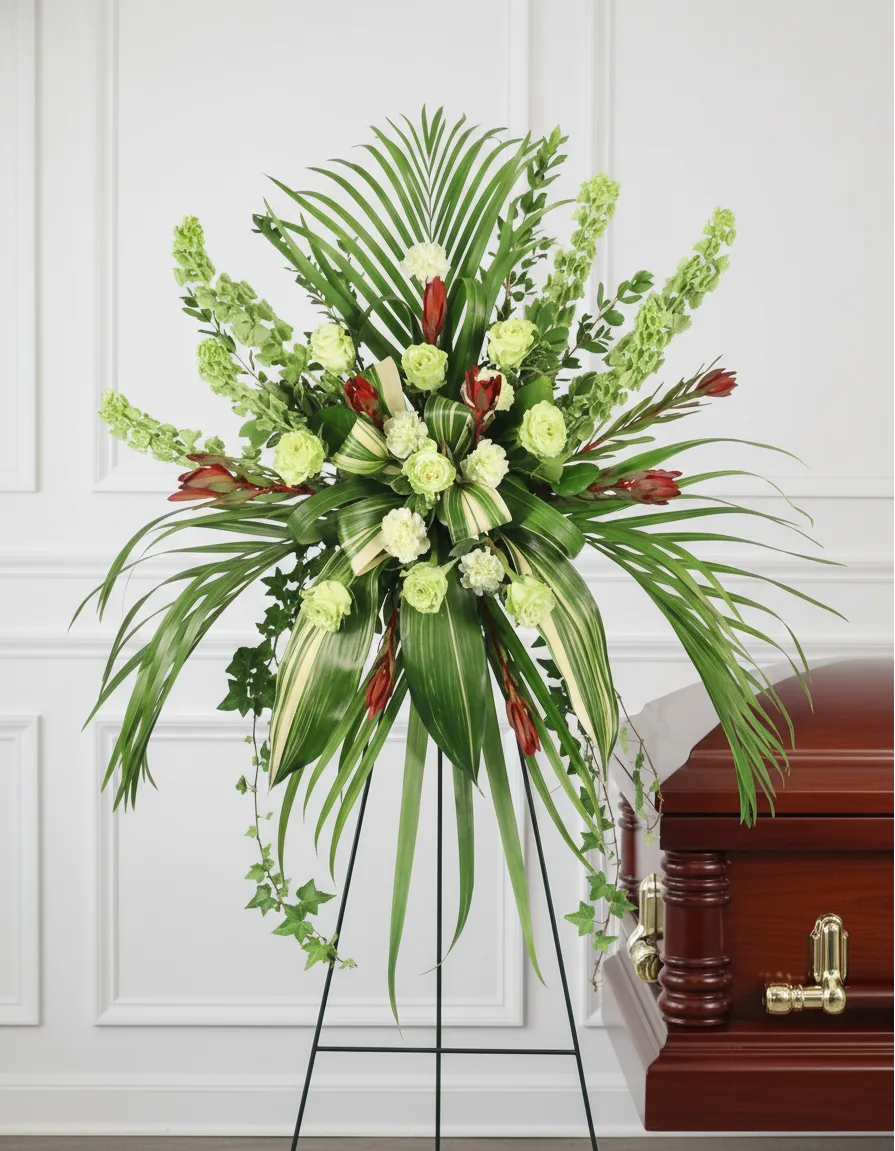 Soothing Sentiments Sympathy Standing Spray with Tropical Flowers and Greenery Soothing Sentiments Sympathy Standing Spray with Tropical Flowers and Greenery